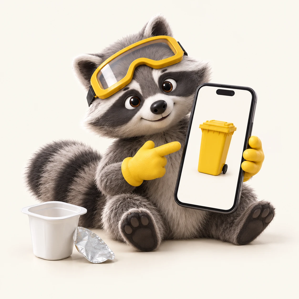 Tonnio mit gelber Schutzbrille zeigt auf einem Handy eine gelbe Tonne. Neben ihm liegen ein leerer Joghurtbecher und sein Deckel.